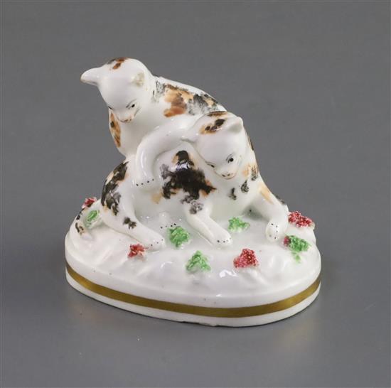 A Staffordshire porcelain group of two kittens playing, c.1835-50, H. 6.8cm, chips to ears